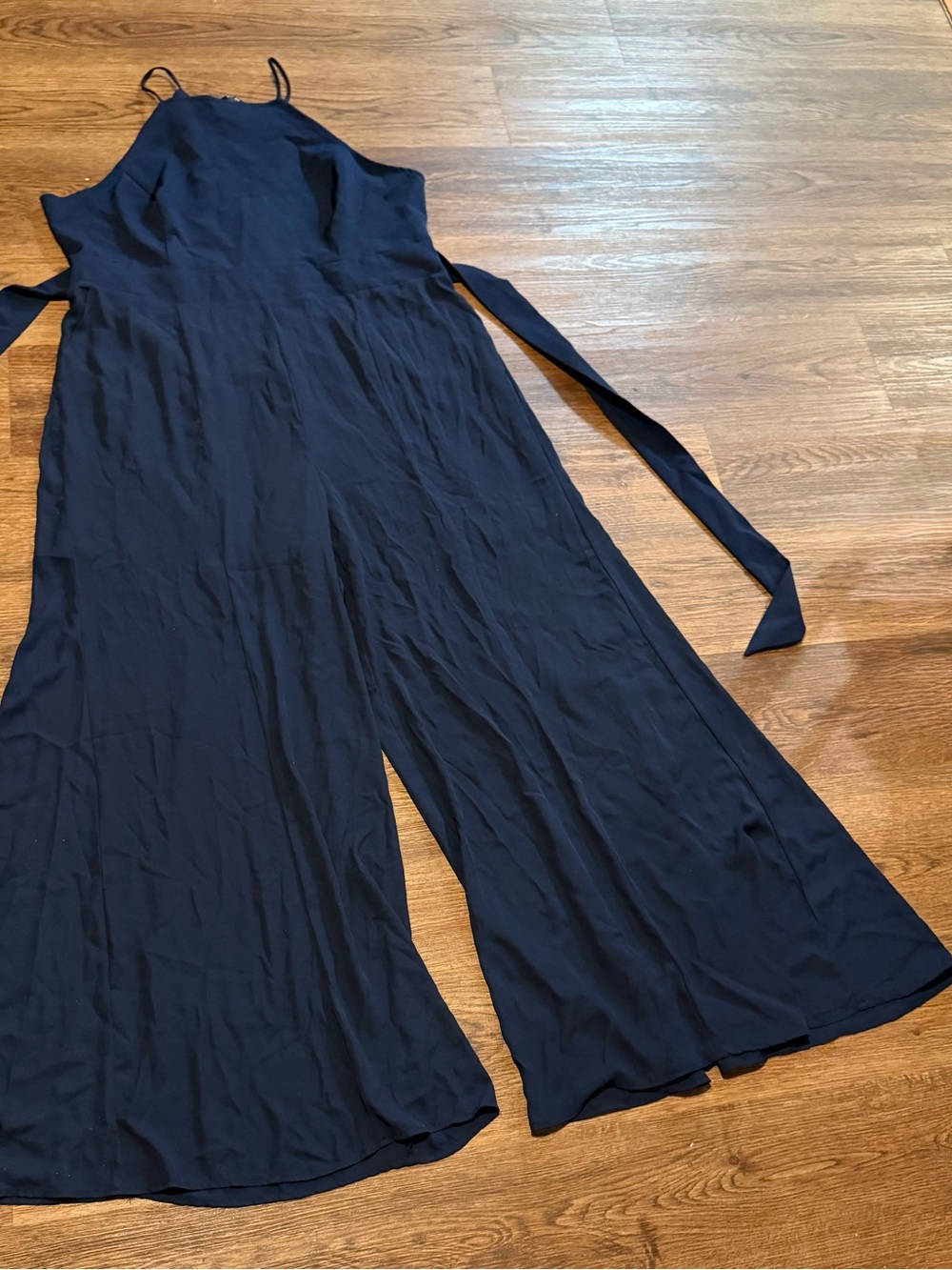 New York & Company Navy Spaghetti-Strap Wide-Leg Jumpsuit with Waist Tie